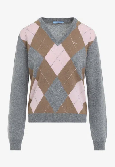 PRADA ARGYLE INTARSIA KNIT V-NECK SWEATER