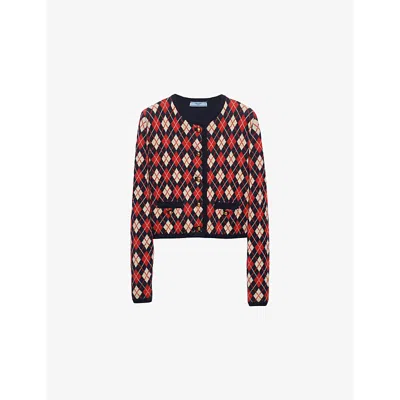 PRADA WOMENS BLUE ARGYLE INTARSIA-PATTERN LONG-SLEEVE COTTON CARDIGAN