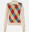 Prada Argyle Intarsia Wool Polo Sweater In Beige