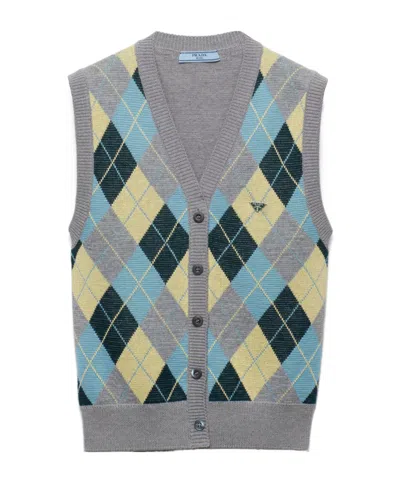 Prada Jacquard Argyle Superfine Wool Vest In Grey