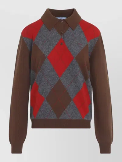 Prada Tabacco Ardesia Argyle Knit Polo Sweater In Brown