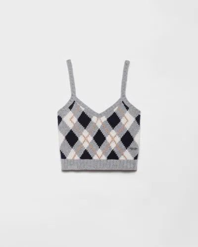 Prada Argyle Knit Cashmere Top In Gray