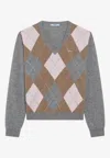 Prada Argyle-pattern V-neck Cashmere Sweater In Gray