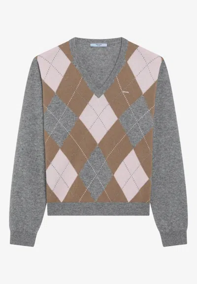 Prada Argyle Knit Sweater In Gray