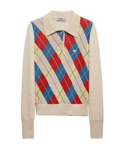 PRADA ARGYLE KNIT WOOL POLO SHIRT