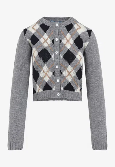 PRADA ARGYLE KNITTED CARDIGAN