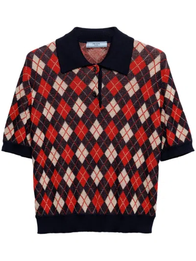 Prada Argyle Knitted Cotton Polo Shirt In Blue