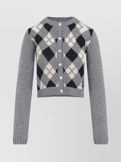 Prada Argyle Pattern Long Sleeve Knitwear Cardigan In Gray