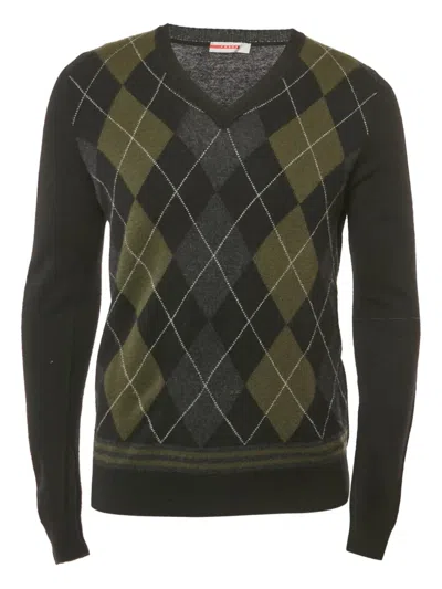 Pre-owned Prada Argyle-pattern V-neck Sweater In Black