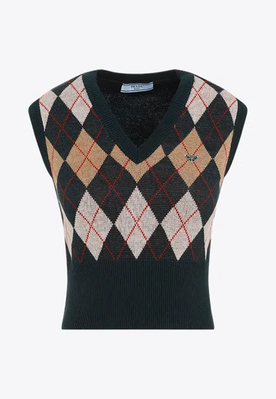 Prada Triangle-plaque Argyle-knit Vest In Green