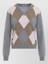 Prada Argyle-pattern V-neck Cashmere Sweater In Gray