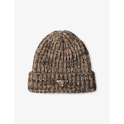 PRADA WOMENS BROWN ARGYLE WOOL-KNITTED BEANIE