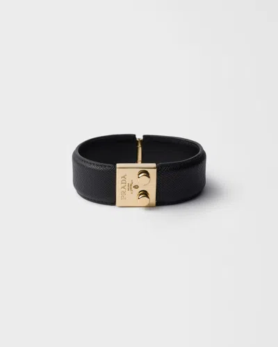 Prada Armband Aus Metall Und Saffiano-leder In Black
