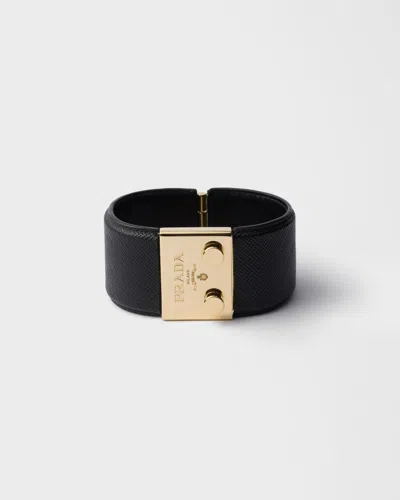 Prada Armband Aus Metall Und Saffiano-leder In Black