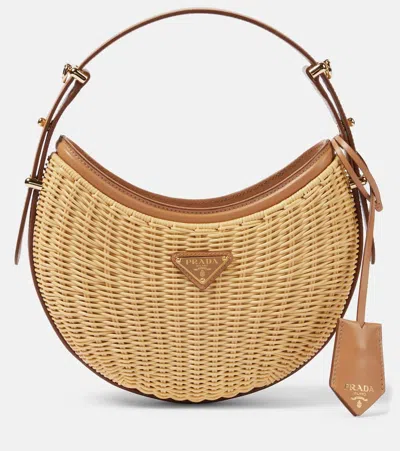 Prada Arqué Woven Leather-trimmed Shoulder Bag In Beige