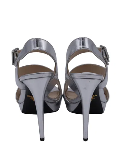 Pre-owned Prada Asymmetric Strap Platform Sandal Heels In Silver
