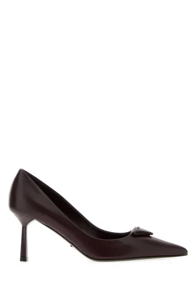 Prada Aubergine Leather Pumps In Burgundy