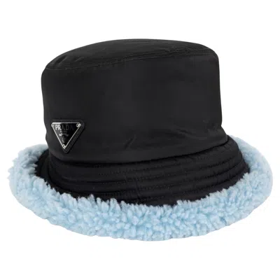 Pre-owned Prada Auth  Black & Blue Re-nylon Fur Lined Bucket Hat M