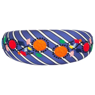 Pre-owned Prada Auth  Blue Striped Satin Floral Embroidered Headband
