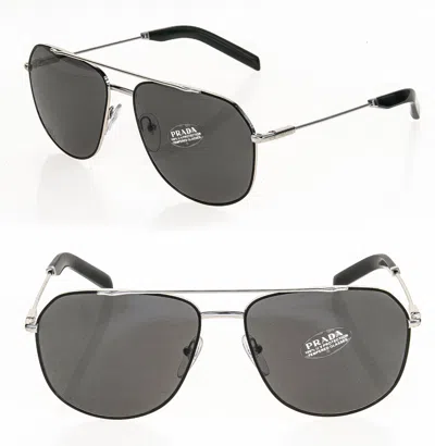Pre-owned Prada Authentic Silver Black Logo Classic Rectangle Unisex Pr59ws Sunglasses 59w In Gaq-731