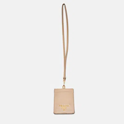 Pre-owned Prada Badge Holder Beige Saffiano Lux Leather Lanyard In Sand