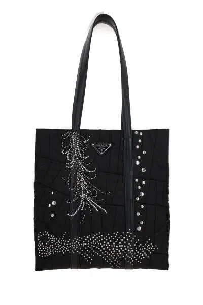 Prada Women's Medium Re-nylon Shopping Bag With Embroidery In Black