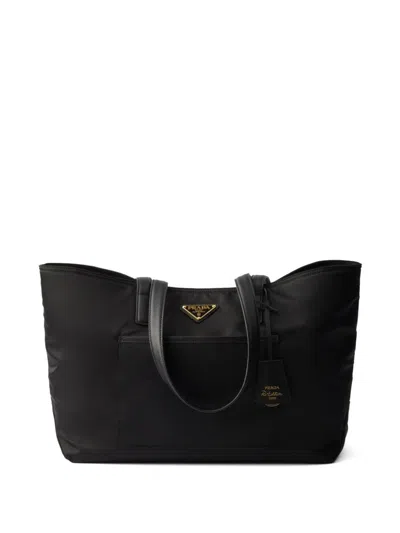 Prada Re-edition 1978 Medium Re-nylon And Saffiano Leather Tote Bags In Black