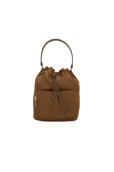 Prada Caramel Re-nylon Duet Bucket Bag In Brown