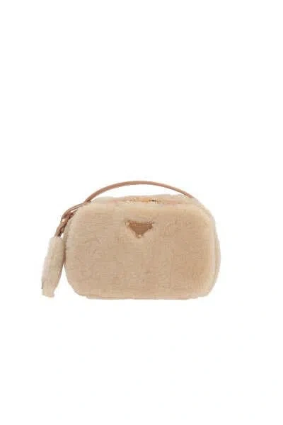 Prada Arqué Shearling Triangle-logo Mini Bag In Ecru+noisette