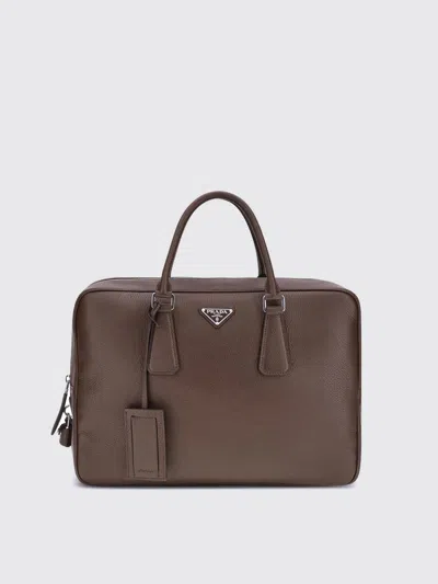 Prada Triangle Logo Leather Briefcase In Brown