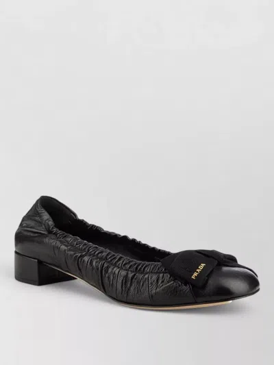 Prada Ballerina Shoes Bow Accent Ruched Detailing In Black