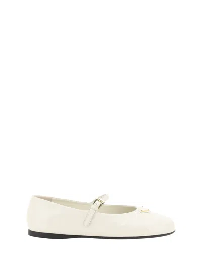 Prada Leather Ballerinas With Round Toe And Buckle Detail In White