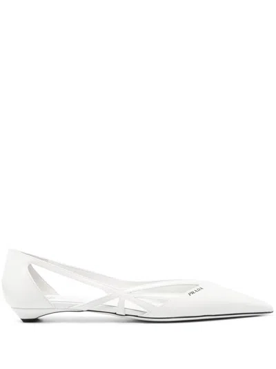 Prada Leather Ballerinas With Cut-out Design And Pointed Toe In White