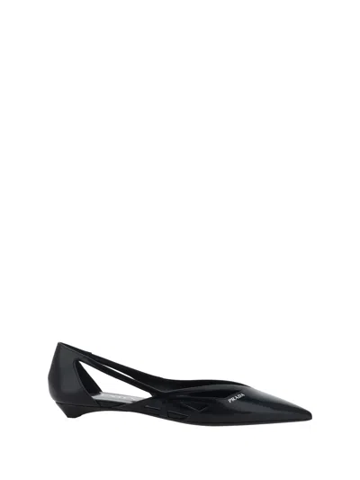 Prada Leather Ballerinas With Pointed Toe And Cut-out Design In Black