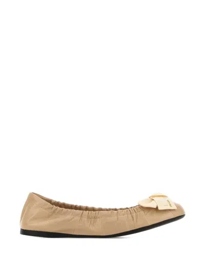 Prada Bow-detail Gathered Leather Ballerinas In Neutral