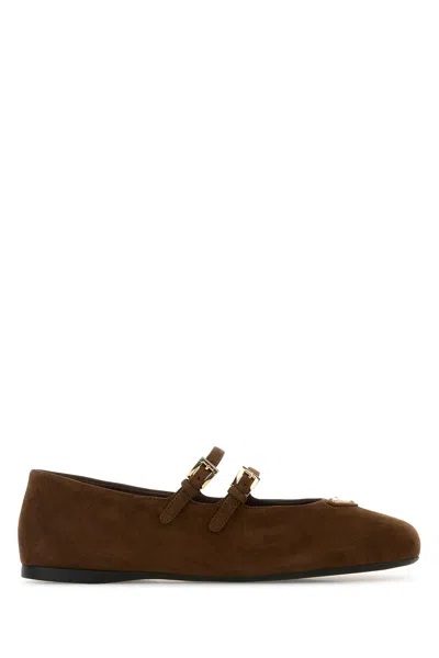 Prada Ballerine In Pelle Scamosciata Marrone  Donna