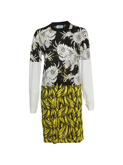 Pre-owned Prada Banana-print Floral-print Mini Dress In Yellow