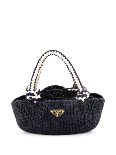 Pre-owned Prada Basket Crochet Raffia Small Tote Bag In Blue