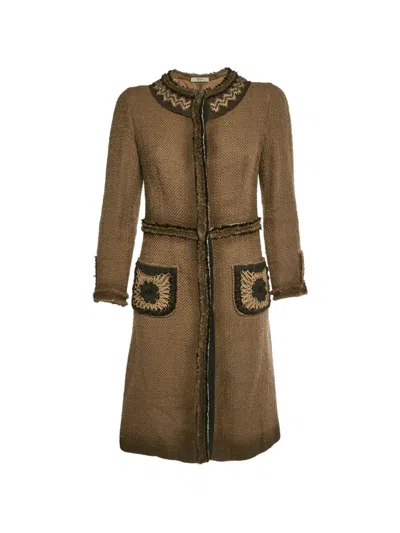 Pre-owned Prada Bead-embellished Tweed Coat In Brown