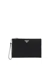 Prada Triangle Logo Re-nylon And Saffiano Leather Envelope Pouch In Black