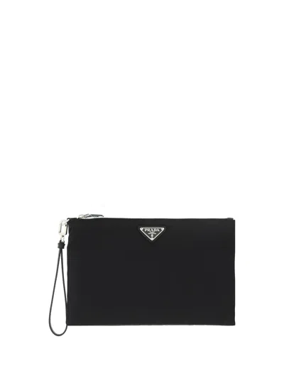Prada Mera Pouch In Re-nylon And Saffiano Leather In Black