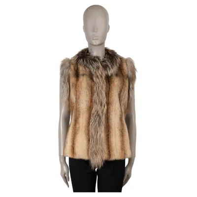 Pre-owned Prada Beige 2006 Fox Trim Mink Fur Vest Jacket 44 L In Brown