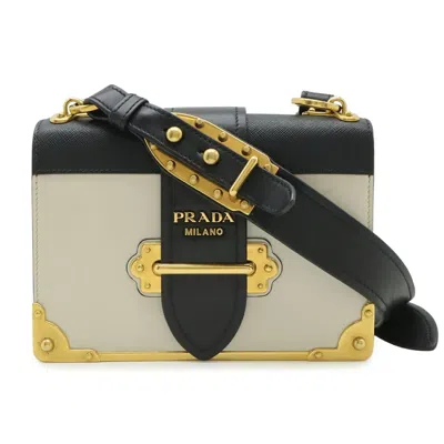 Pre-owned Prada Beige Black Nero Talco Leather Pochette Shoulder Bag () In Beige, Black, Nero, Talco