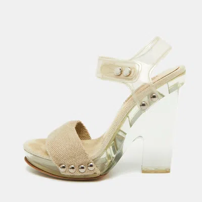 Pre-owned Prada Beige Canvas And Pvc Clear Heel Platform Ankle Strap Sandals Size 36