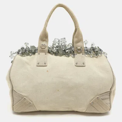 Pre-owned Prada Beige Canvas Mistolino Crystal Cluster Frame Satchel