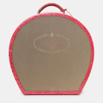 Pre-owned Prada Beige Canvas Pink Crocodile Trim Hat Box In Sand