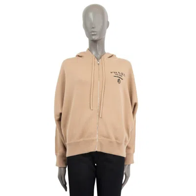 Pre-owned Prada Beige Cashmere Intarsia Logo Zip Front Hooded Cardigan Sweater 38 Xs In Brown