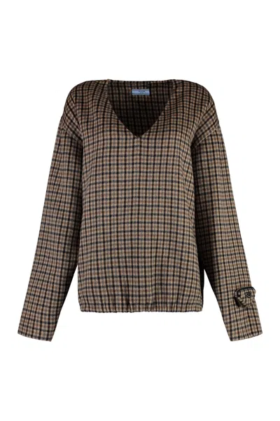 Prada Beige Checkered Cashgora Sweater For Women