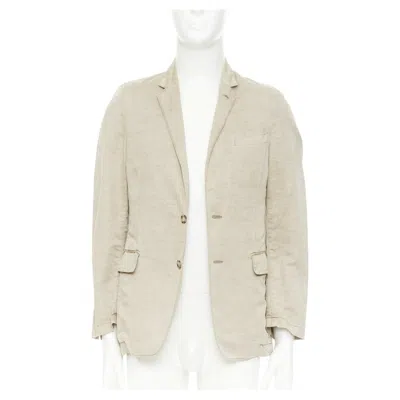 Pre-owned Prada Beige Coated Linen Cotton Flap Pockets Two Button Relaxed Blazer It48 M In Brown