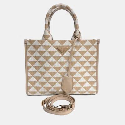 Pre-owned Prada Beige Cream Fabric Symbol Jacquard Fabric Tote And Shoulder Bag In Sand